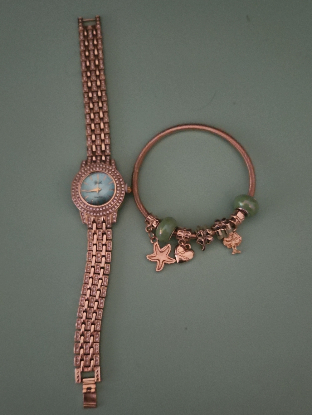 Women's Gold Watch and Charm Bangle Set - Green Accents